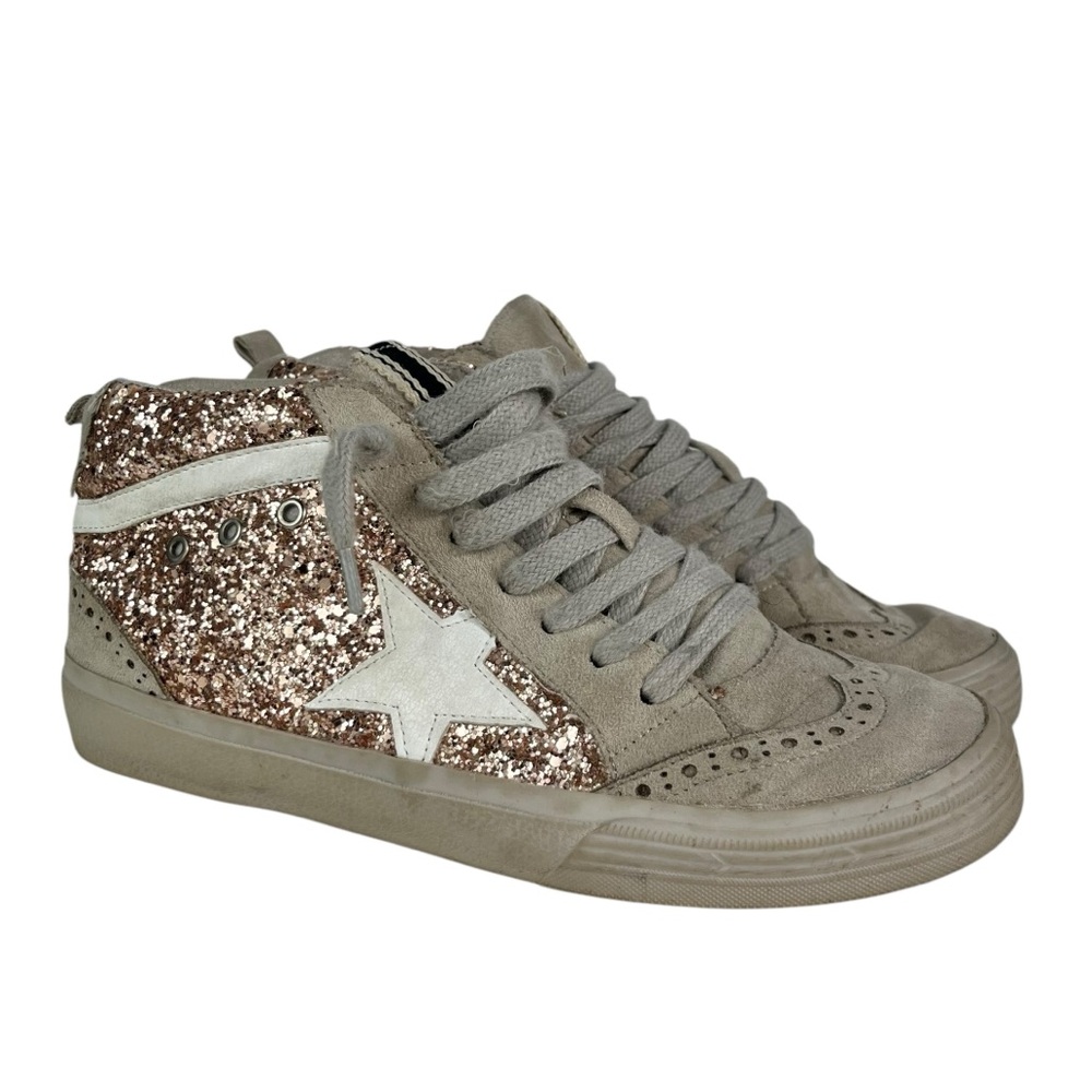 Shu Shop Rina Rose Gold Glitter Star Print High Top Lace Up Sneakers Distressed